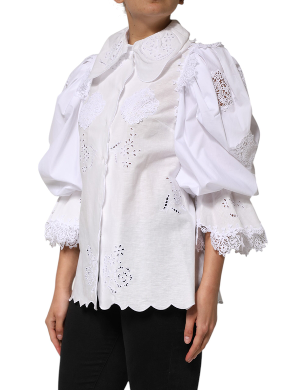 White ruffled lace embellished blouse top-null