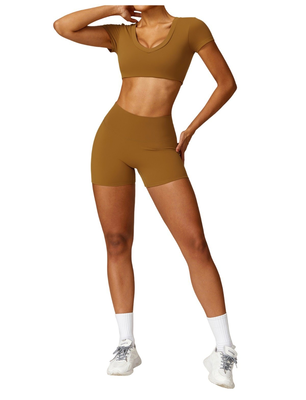 Amor short sleeve premium short set, Brown, medium