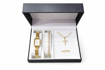 Gold rectangular watch & cross necklace set &ndash; 4-piece gift box, , medium