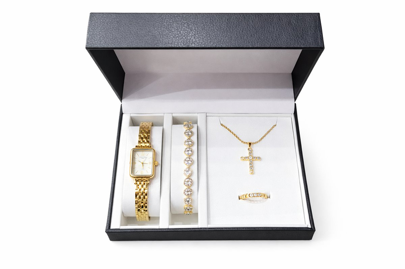 Gold rectangular watch & cross necklace set &ndash; 4-piece gift box-null