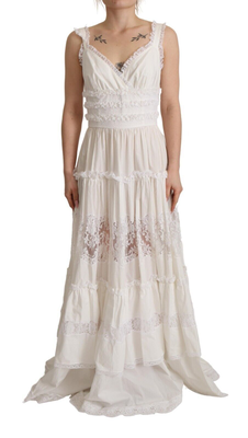 White cotton tiered long maxi a-line dress, White, medium