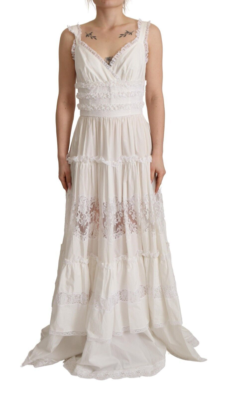 White cotton tiered long maxi a-line dress-null