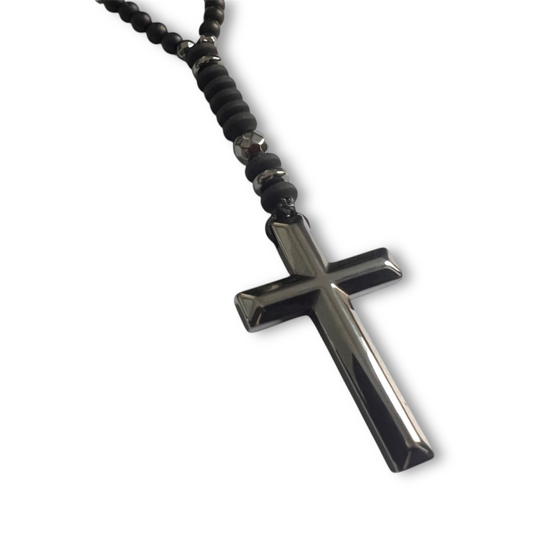 Black stone & gun metal steel cross necklace-null