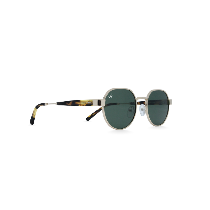OJO sunglasses handmade round gold frame and shell gold temple with green polarised lenses rx-null