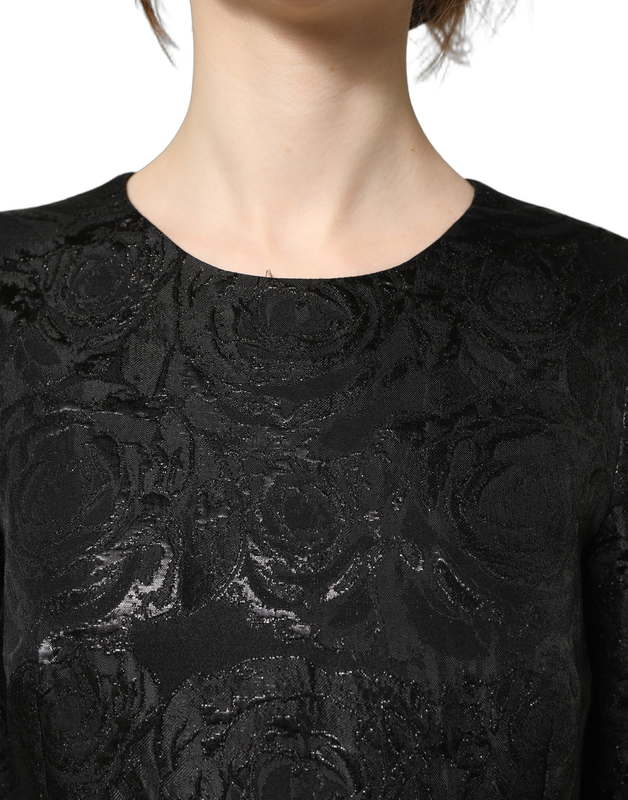 Black floral jacquard flared a-line dress-null
