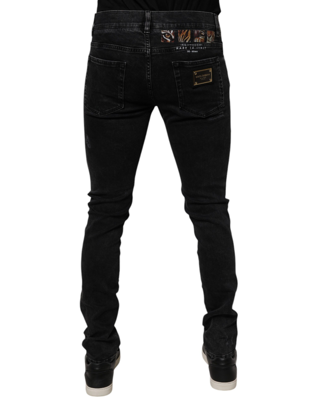 Black tattered cotton skinny men denim jeans-null