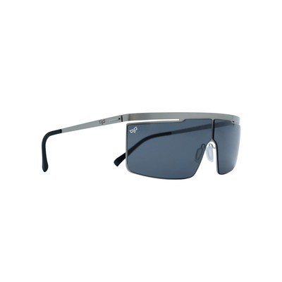 OJO sunglasses active shield silver frame and temples with black end tips and grey nylon lenses