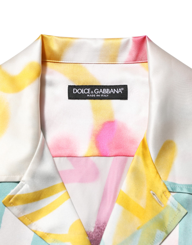 White silk hawaiian graffiti print men casual shirt-null