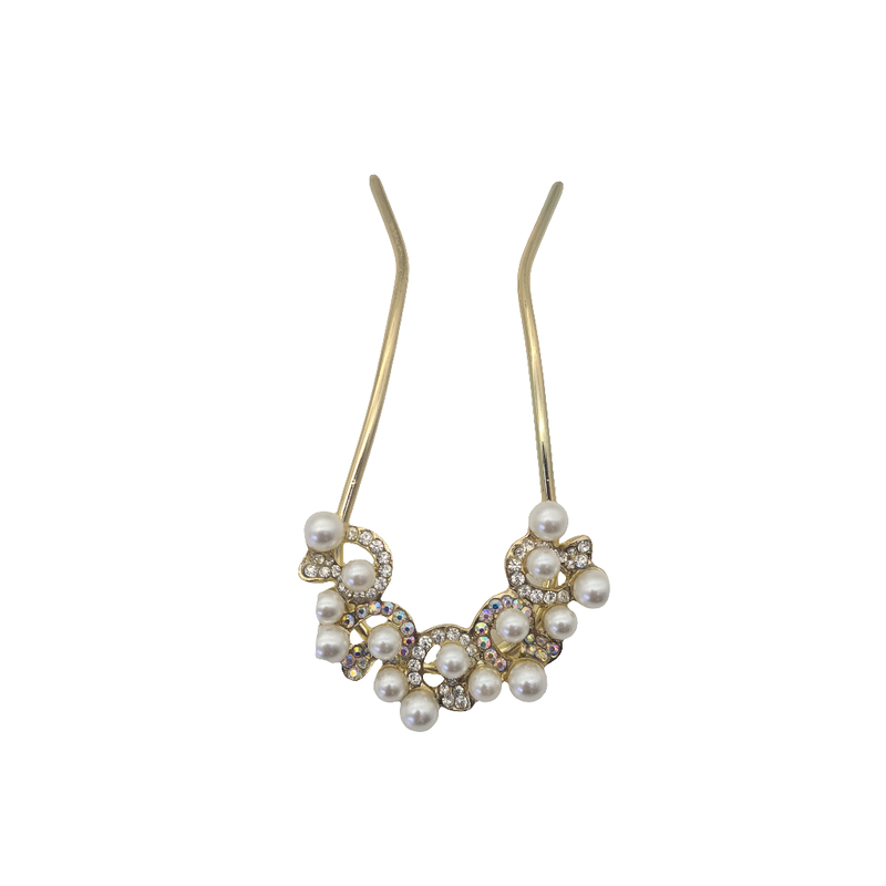 Product image: Faux pearl crystal rhinestone flower floral silver gold metal u shape hair fork stick clip pin pick women fashion accessory gift-null