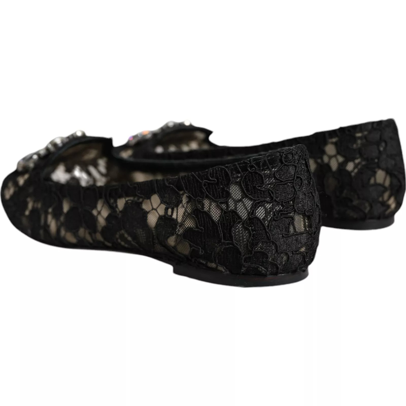 Black lace crystal ballet flats loafer shoes-null