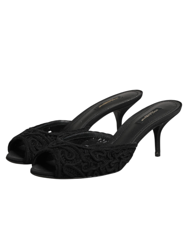 Black embroidered slip on heels slides shoes-null