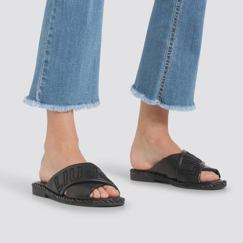Faux leather slides with maxi logo-null