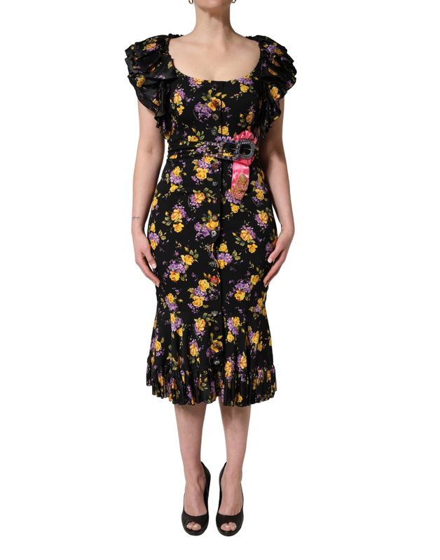 Black purple crystal brooch silk midi dress-null
