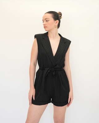 Stripped playsuit with belt, Black, medium