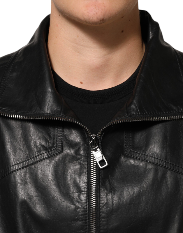 Black leather full zip biker blouson jacket-null
