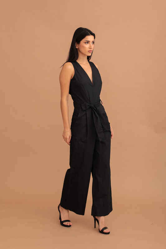 Lucia slit-back cotton jumpsuit - black-null