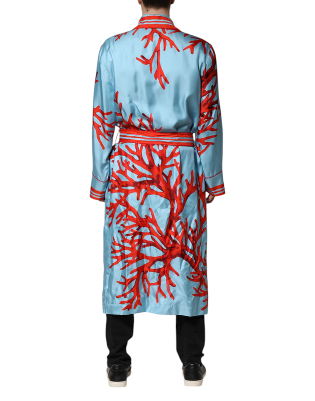 Blue red coral print wrap robe coat jacket-null