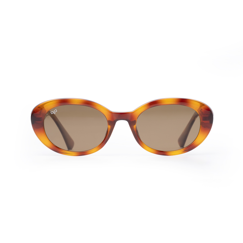 OJO sunglasses round handmade shell brown frame and clear shell brown temple with brown p. Lenses rx-null