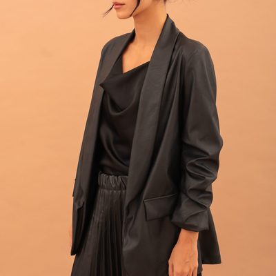 Mirabel faux leather ruffle sleeve blazer - black, Black, medium