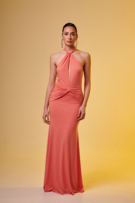 Sampi vanessa maxi halter neck dress, Peach, medium