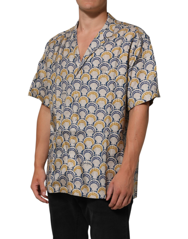 Cream cotton silk hawaii scallop shell print shirt-null
