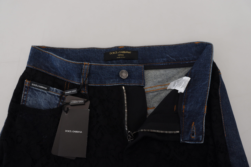Black floral lace front skinny denim jeans-null