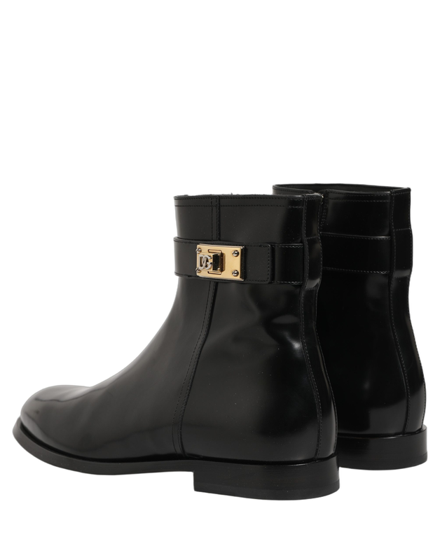 Black leather logo buckle mid calf boots shoes-null