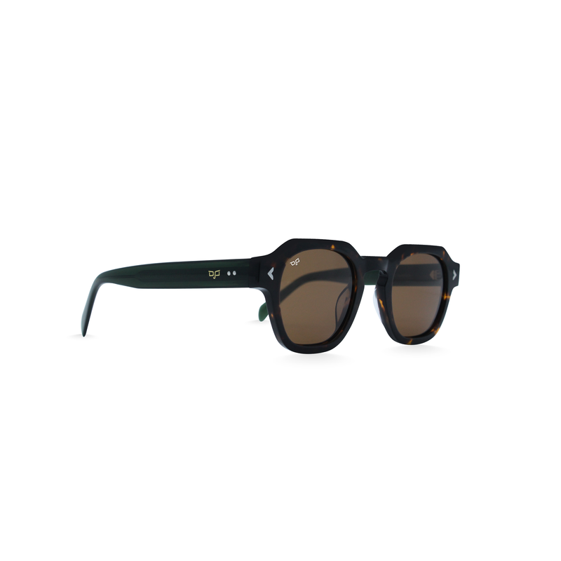 OJO sunglasses round handmade shell brown frame and clear green temples with brown polarised lenses image number null