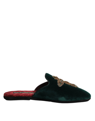 Green velvet cross embellished slippers shoes, Green, medium