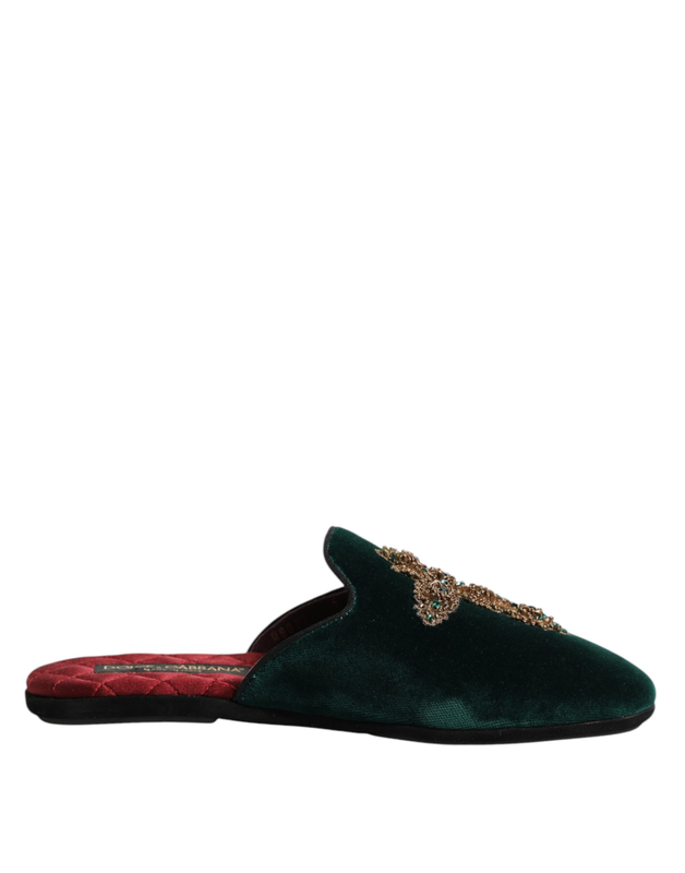 Green velvet cross embellished slippers shoes-null