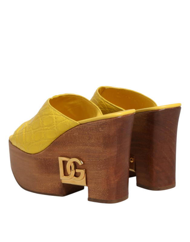 Yellow leather wood mule wedge slides shoes-null