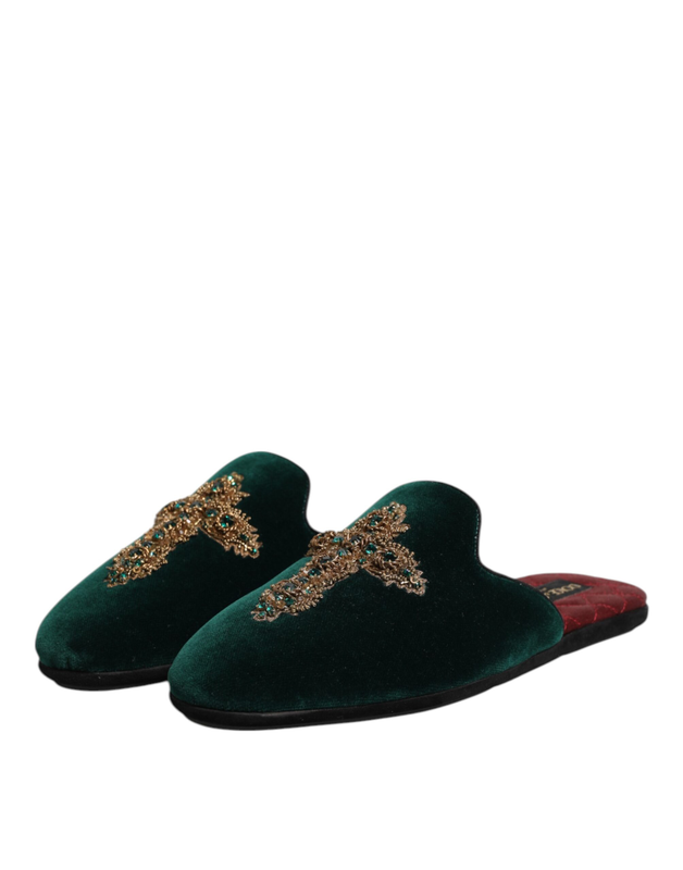 Green velvet cross embellished slippers shoes-null