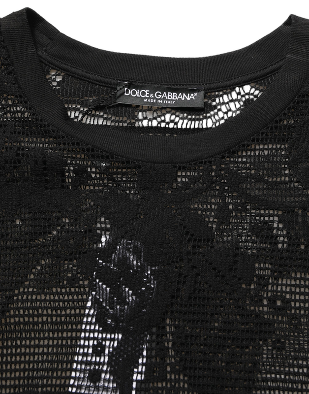 Black cotton floral lace crew neck t-shirt-null
