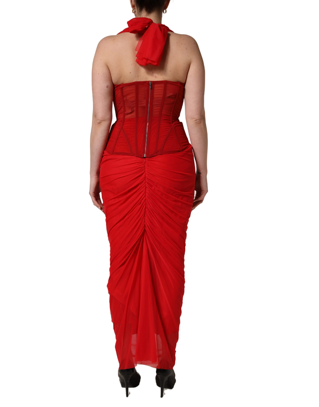 Red halter corset sleeveless sheath  dress-null