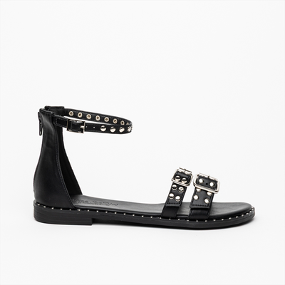 Miss belgini strap flat sandals with stud and buckle detail, Black, medium