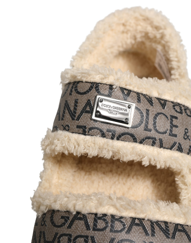 Beige faux fur logo print flats sandals shoes-null
