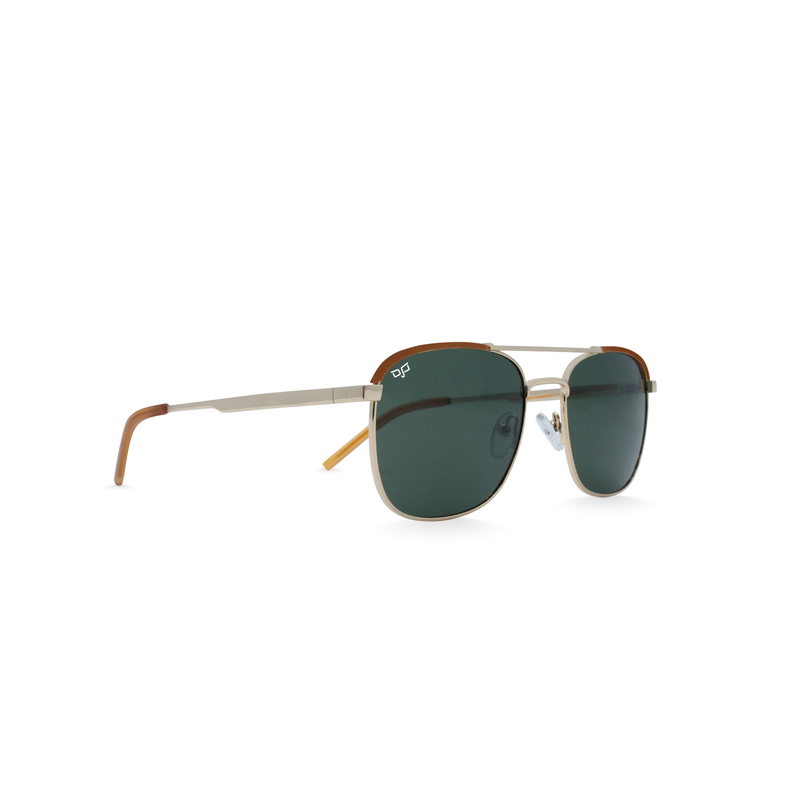 OJO sunglasses square gold frame and temples with green polarised lenses rx-null