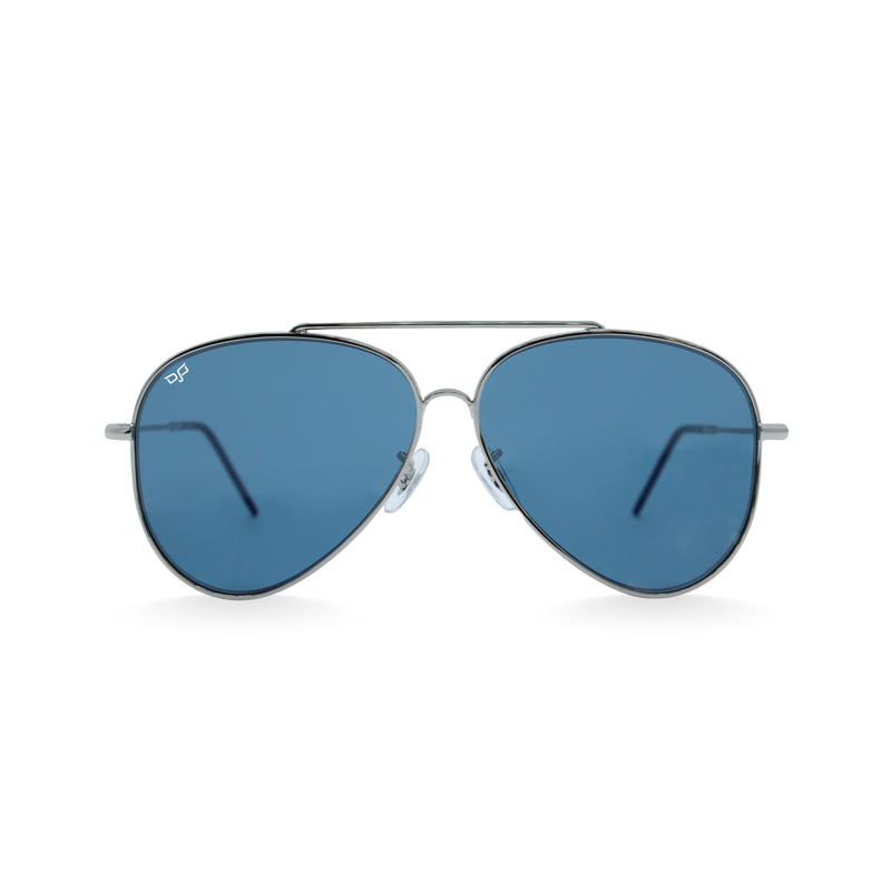 OJO sunglasses e. Silver 60-12 frame and temples with handmade tips and nylon blue reverse lenses rx-null
