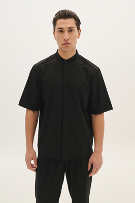 Pcoc s/s easywear stand up collar shirt, Black, medium