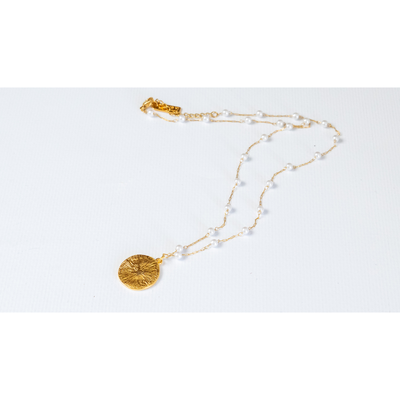Pearl Rosary Necklace and Phaistos Disc, Gold and pearl white, medium