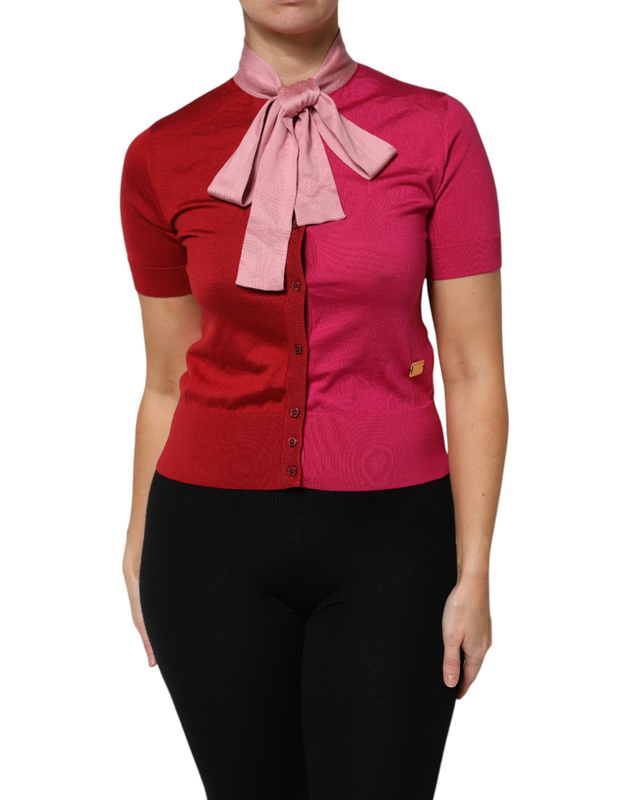 Pink short sleeves buttoned ascot collar top-null