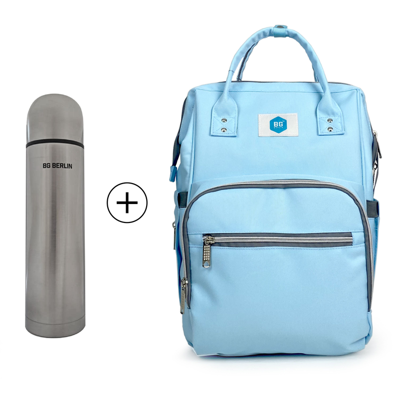 Bg berlin - mama bag & gift stainless steel bottle. Changing backpack, light blue diaper bag. image number null