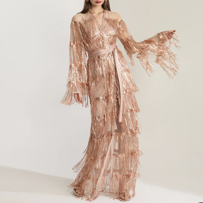 Niobe fringed sequin dress, Bronze, Gold, medium