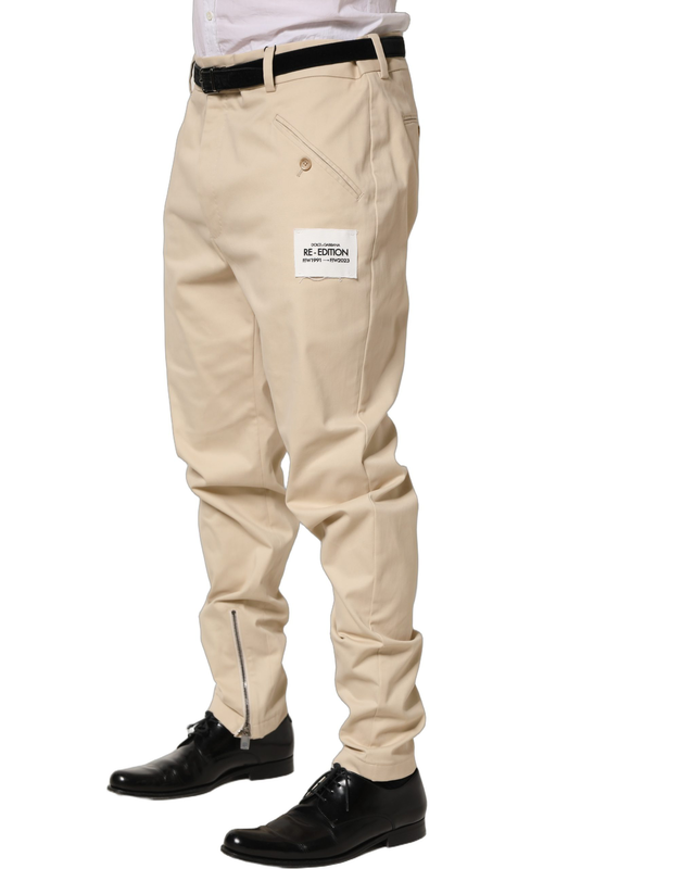 Beige re-editon mid waist tapered men pants-null
