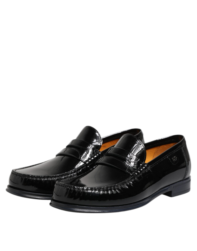 Black leather slip on loafers dress shoes-null