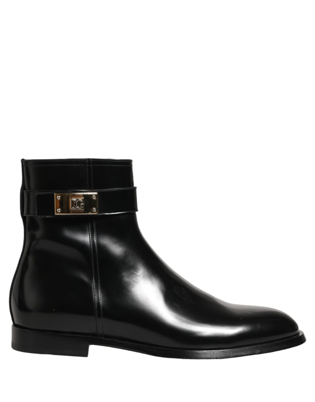 Black leather logo buckle mid calf boots shoes-null