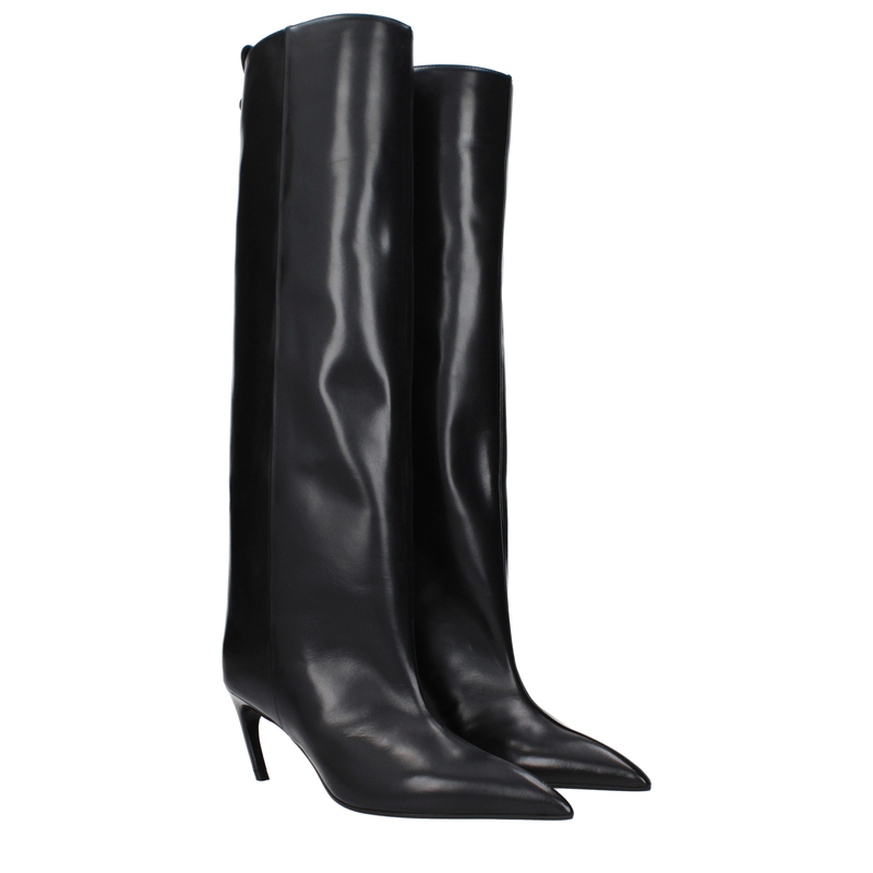 Black leather high heel boots-null