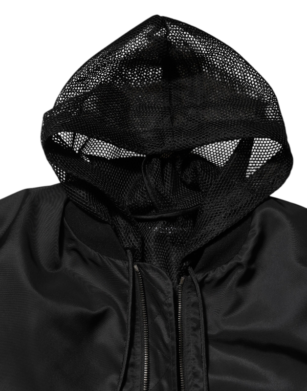 Black nylon hooded full zip bomber men jacket-null