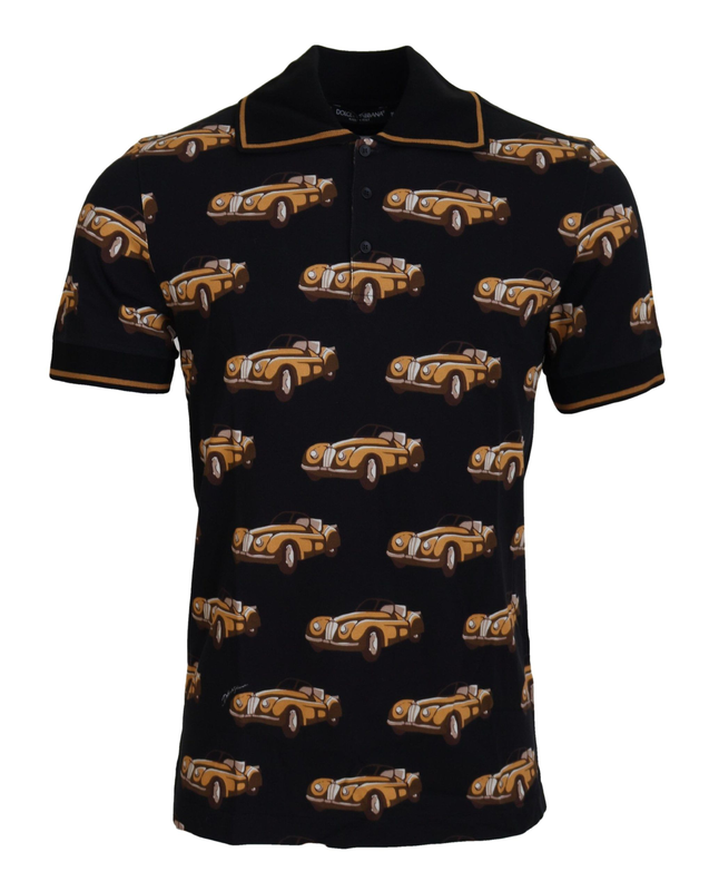 Black car print short sleeve polo t-shirt-null