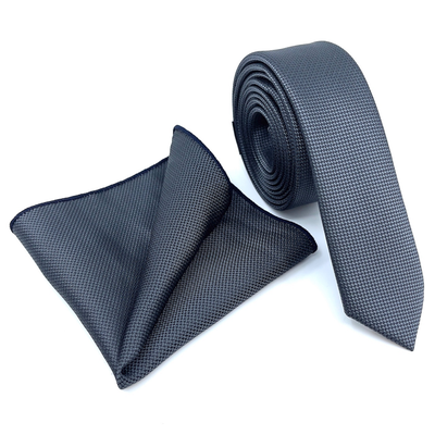 Textured skinny tie with handkerchief, Anthracite, medium